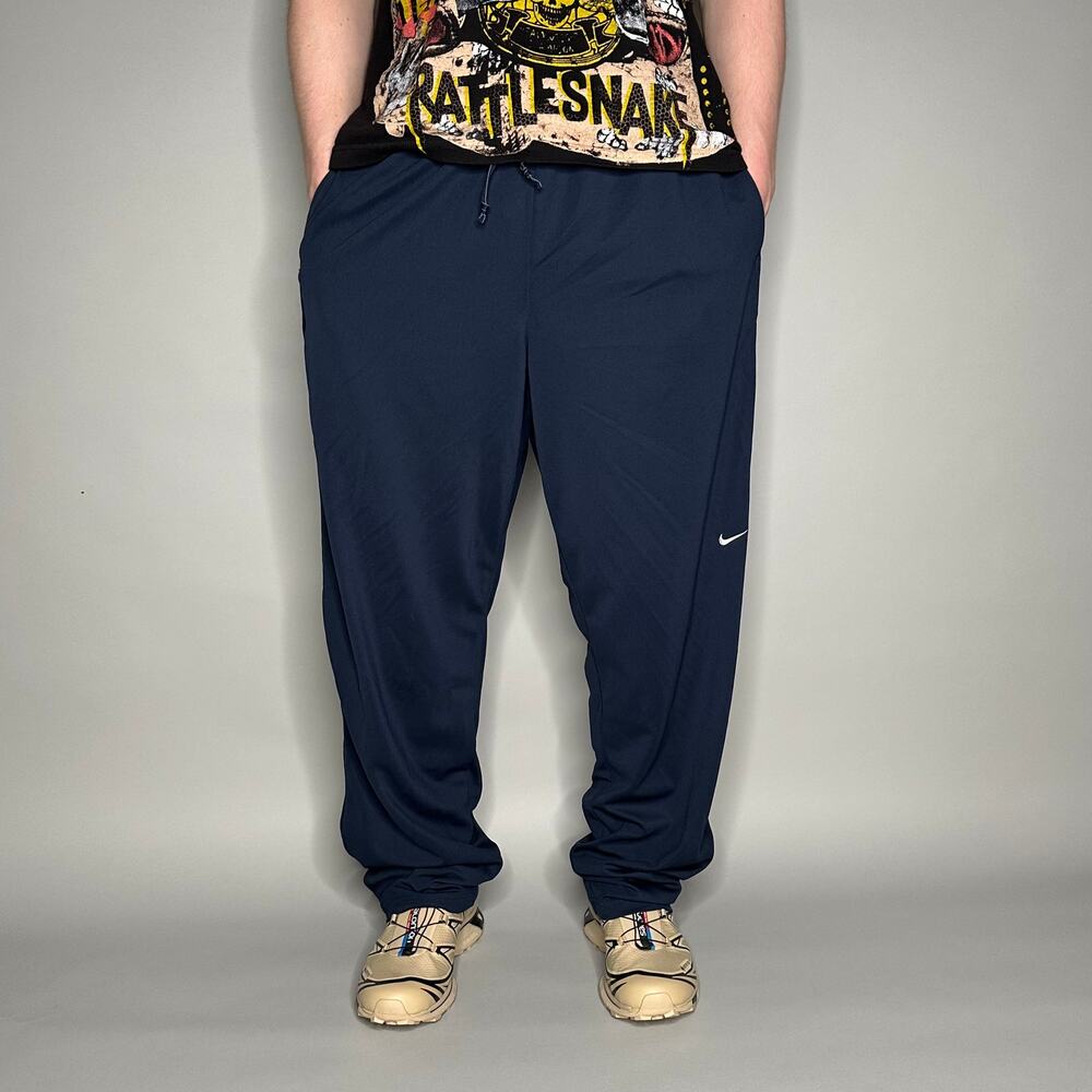 Nike Sweatpants Navy Blue Polyester White Swoosh Baggy Wide Leg - Picture 2 of 4